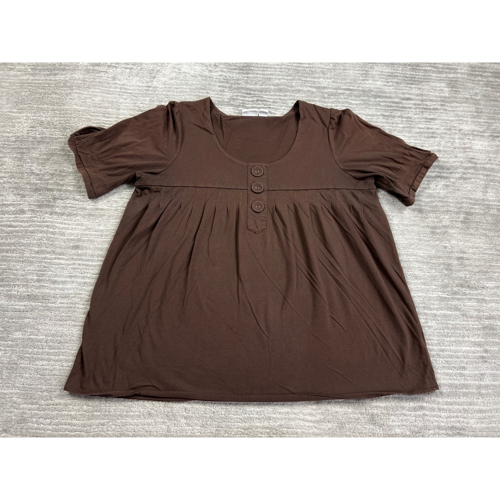Cato Blouse Womens 14/16W Brown Babydoll Empire Waist Pleated Short Sleeve Top